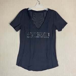 Lululemon T Shirt‎ Womens XS Black Striped V Neck Short Sleeve Runner Up Print